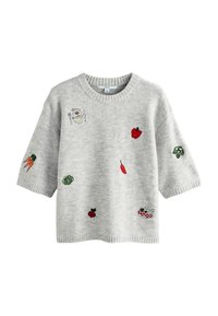 Maglione grigio chiaro a maglia con maniche corte, decorato con ricami di verdure colorate e un cestino da picnic.