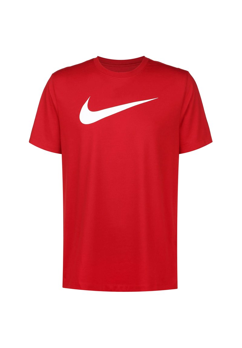 Rood T-shirt met korte mouwen van katoen, met een ronde halslijn en een opvallend wit Nike swoosh-logo over de borst.
