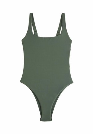 Rankovių neturintis alyvuogių žalios spalvos ribuotas vientisas maudymosi kostiumėlis su kvadratiniu iškirpte ir reguliuojamomis petnešėlėmis.