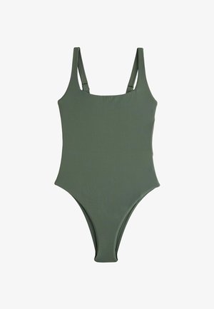 Rankovių neturintis alyvuogių žalios spalvos ribuotas vientisas maudymosi kostiumėlis su kvadratiniu iškirpte ir reguliuojamomis petnešėlėmis.