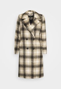 Cappotto doppiopetto a quadri in beige e nero, con colletto a scollo a V, tessuto testurizzato e due tasche frontali.