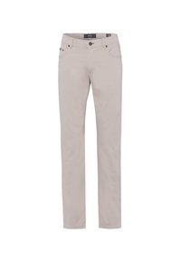 Pantalons droits beige clair en tissu mélangé coton, dotés de poches avant et de subtils détails de couture.