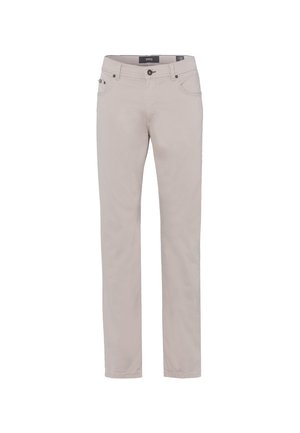 Pantalons droits beige clair en tissu mélangé coton, dotés de poches avant et de subtils détails de couture.