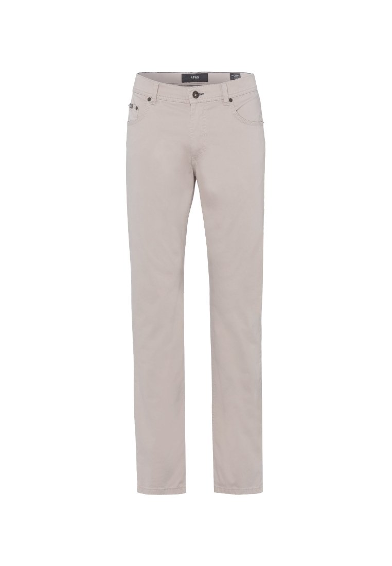 Pantalons droits beige clair en tissu mélangé coton, dotés de poches avant et de subtils détails de couture.