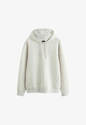 Light grey hoodie made of textured fabric. Features a drawstring hood and ribbed cuffs and hem. Simple design with a relaxed fit.