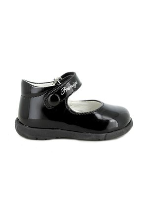 Scarpe Mary Jane in vernice nera con punta rotonda, cinturino regolabile con bottone e suola in gomma texturizzata. Presentano una fodera bianca.