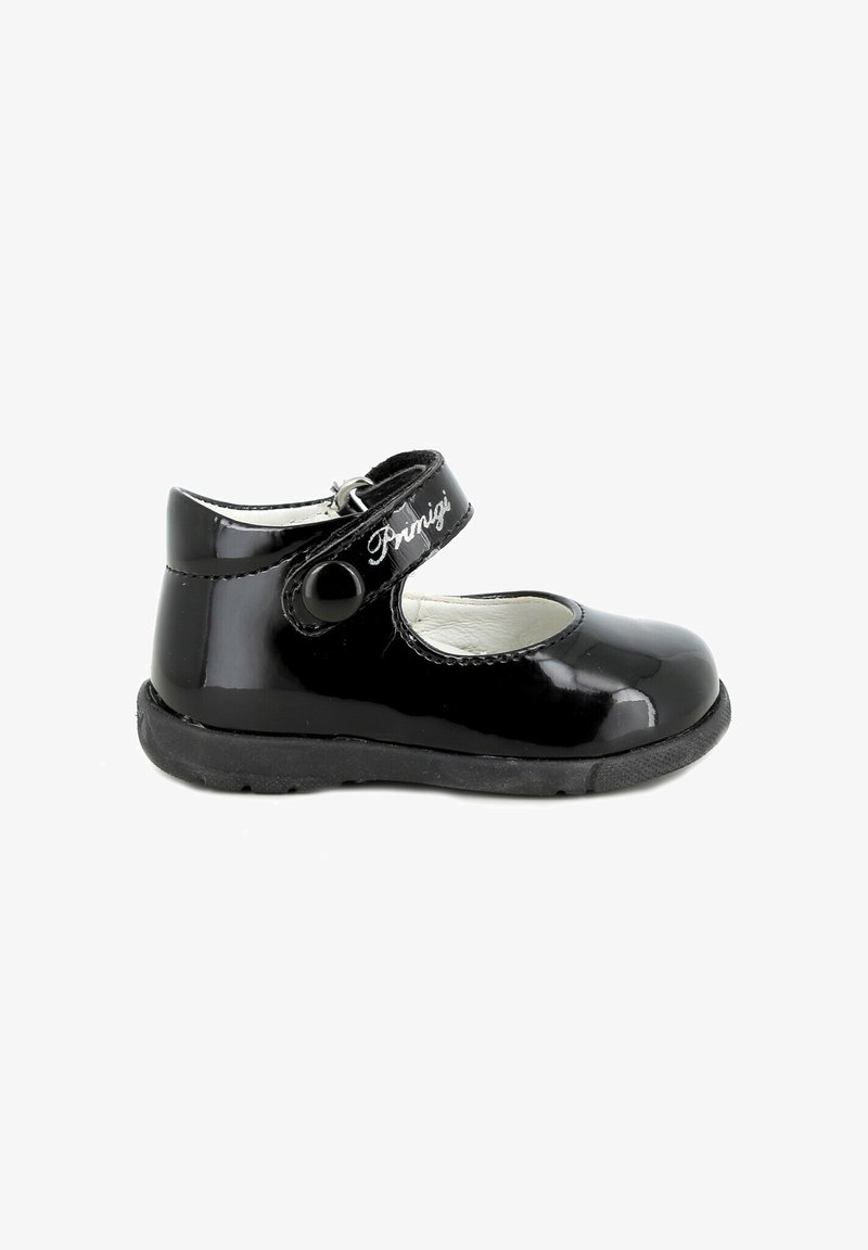 Scarpa Mary Jane per bambino in pelle verniciata nera con cinturino in velcro e punta arrotondata, interno bianco e suola in gomma nera testurizzata.