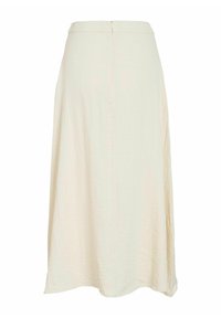 Jupe midi couleur crème avec une finition texturée, featuring une silhouette droite, une taille, et une fermeture éclair cachée au dos.