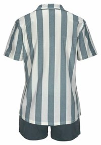 Short-sleeve shirt in light gray and dark blue vertical stripes with a collar, paired with dark shorts, featuring a smooth texture.