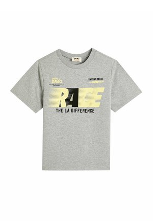 Graues Kurzarm-T-Shirt aus Baumwolle mit dem grafischen Text "RACE THE LA DIFFERENCE" in Schwarz und Gelb. Runder Halsausschnitt und lockere Passform.