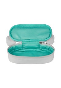 Grey pencil case with a turquoise interior, zip closure, oval shape, and soft fabric texture. Features seam detailing along the edges.