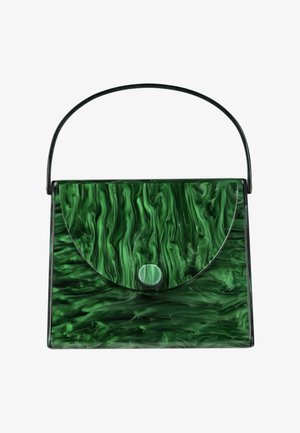 Geantă dreptunghiulară marmorat verde, cu clapetă rotunjită și închidere cu buton, având un mâner subțire negru.