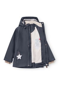 Otroška temnosiva nepremočljiva jakna z bež podlogo, kapuco, sprednjimi pritisnimi gumbi, zadrgo in zadržno z zvezdico na žepu.