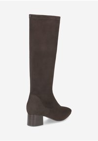 Bottes en suède marron arrivant jusqu'aux genoux avec un talon épais, une pointe pointue, une texture lisse et une silhouette élégante. Pas de motifs ni de quincaillerie visibles.