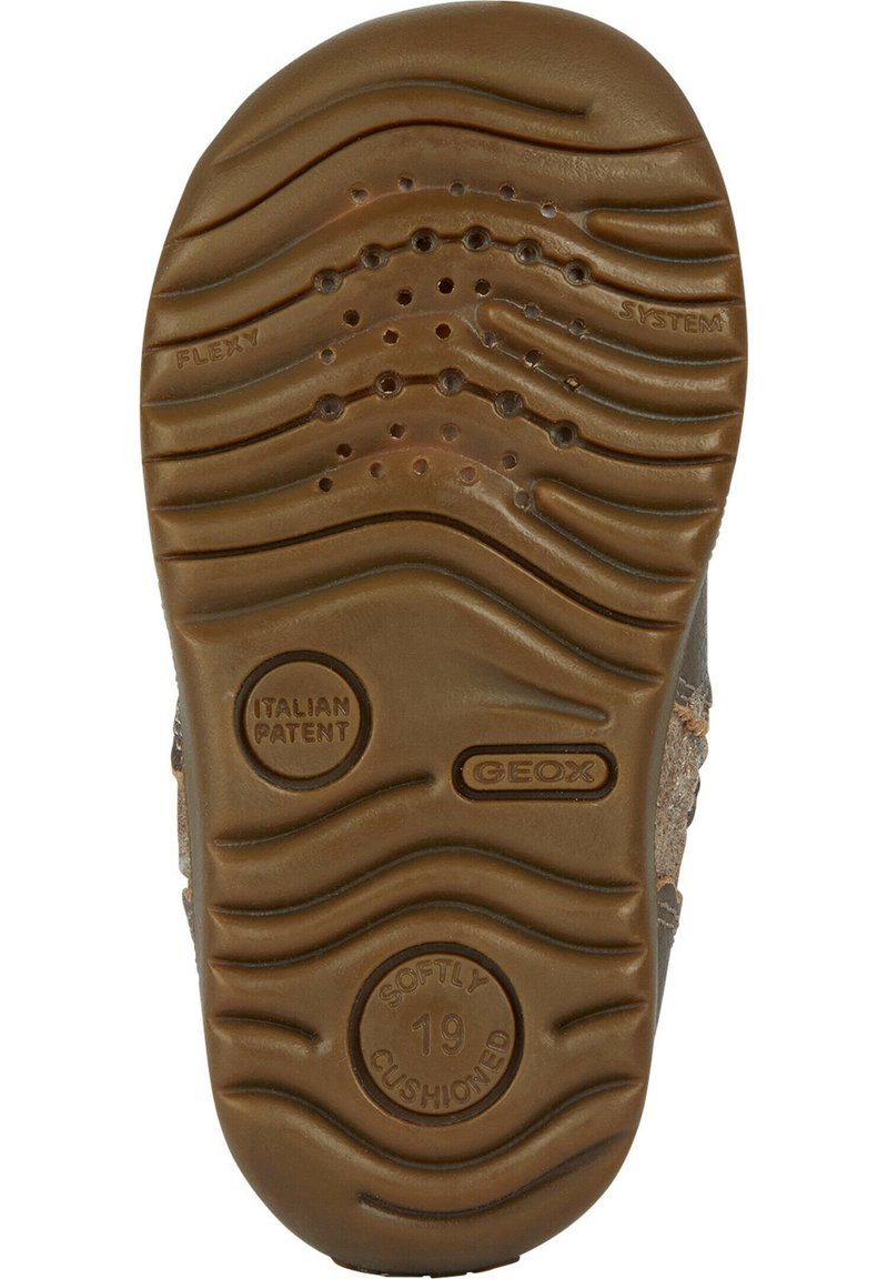 Braune Gummisohle eines Kinderschuhs mit Wellenmustern, Belüftungsöffnungen und Aufschriften wie "Geox", "Italienisches Patent" und "Sanft gepolstert 19".