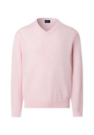 Svjetloružičasti džemper s V-izrezom i dugim rukavima, rebrastim manšetama i rubom, s malim izvezenim logotipom na lijevoj strani prsa.