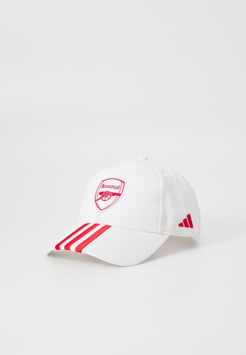 White baseball cap with red stripes and an embroidered Arsenal logo. Features a curved brim and an adjustable back for fit.