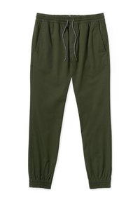 Olijfgroene joggingsbroek van zacht stof; voorzien van een elastische tailleband met een trekkoord, zijzakken en elastische manchetten bij de enkels.