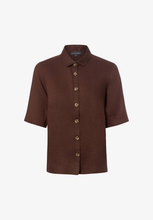 Camicia marrone a maniche corte con bottoni, collo classico e sette bottoni frontali, realizzata in tessuto strutturato.