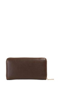 Brown leather wallet with a smooth texture, zip closure, and gold hardware accent. Rectangular shape with no visible patterns.