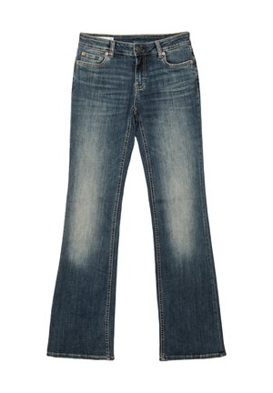 Niebieskie wyblakłe jeansy z denimu o kroju bootcut, z zamkiem błyskawicznym z przodu, zapięciem na guzik i stylem z pięcioma kieszeniami.