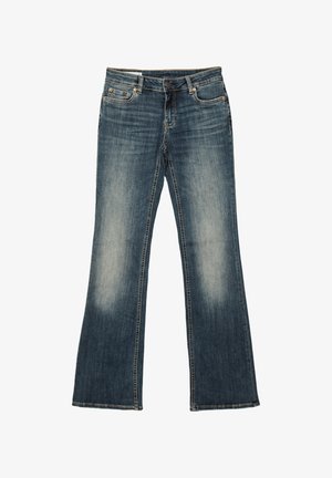 Niebieskie wyblakłe jeansy z denimu o kroju bootcut, z zamkiem błyskawicznym z przodu, zapięciem na guzik i stylem z pięcioma kieszeniami.