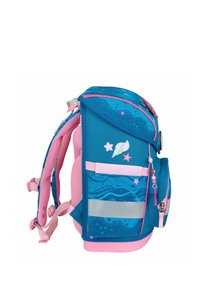 Blue and pink backpack with mesh accents, wave patterns, star and shell graphics, reflective strip, and a detachable charm on the side pocket.
