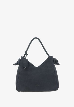 Sac hobo en cuir texturé bleu foncé, avec un dessus courbé, des accents de poignées nouées et une petite étiquette avec détail métallique.