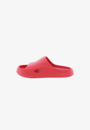 Red plastic slide sandal with an open toe and heel, featuring a smooth surface and a side ventilation hole. Simple design with no additional accents.