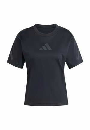 Black athletic shirt with short sleeves, rounded neckline, and a smooth texture. Features a tone-on-tone logo on the front and sides.