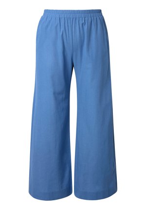 Pantaloni blu a gamba larga con vita elastica, realizzati in tessuto leggero, adatti per un uso casual o confortevole.