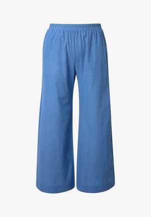 Blaue Hosen mit weitem Bein und elastischem Bund, aus leichtem Stoff, geeignet für legere oder bequeme Trageanlässe.