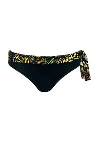 Majtki bikini z czarną główną częścią i wielokolorowym zwierzęcym wzorem w pasie, z bocznym wiązaniem do regulacji.