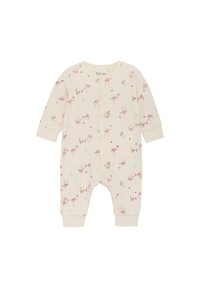 Långärmad babylångärmad dräkt i off-white bomull med rosa flamingomönster och gröna detaljer, med framknäppning och ribbade ärmslut.