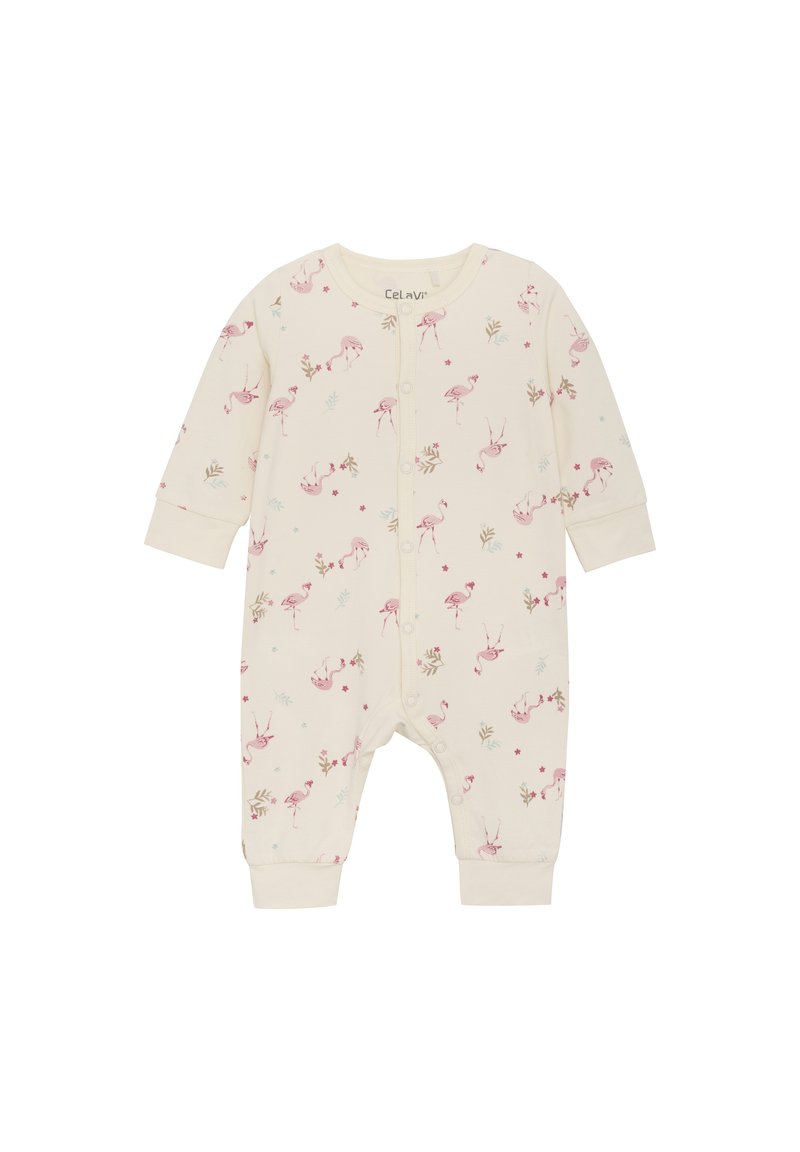 Långärmad babylångärmad dräkt i off-white bomull med rosa flamingomönster och gröna detaljer, med framknäppning och ribbade ärmslut.