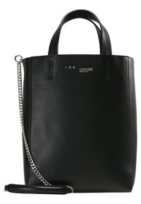 Black leather tote bag with a rectangular shape, two top handles, and a detachable silver chain strap. Features embossed logo detail.