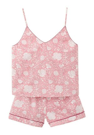 Ružový kvetinový top na ramienka a pyžamové šortky so štíhlymi ramienkami a jemnými bielymi kvetinovými vzormi.