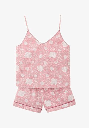 Roze bloemen camisole en bijpassende korte pyjamabroek met dunne bandjes en delicate witte bloemenpatronen.
