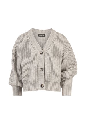 Harmaa neulecardigan, jossa on V-pääntie, kuusi nappia edessä ja leveät hihat. Tekstuurissa on röyhelöä ja se on lyhennetty.