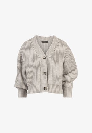 Grijze gebreide cardigan met een V-hals, zes knopen aan de voorkant en brede mouwen. De textuur is geribbeld en heeft een verkorte silhouet.