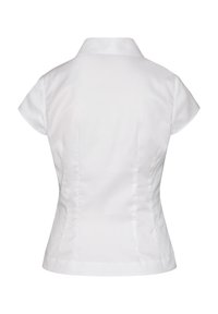 Weiße taillierte Bluse mit Kragen und kurzen Ärmeln. Glattes Baumwollgewebe, maßgeschneiderte Form, die die Taille betont, dezente Nähedetails.