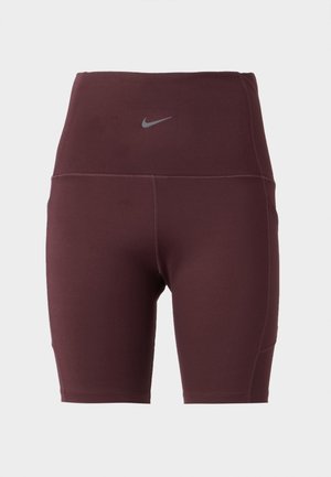 Bordeauxfarbene High-Waist-Shorts mit glatter Oberfläche. Verfügt über ein kleines graues Nike-Logo und kontrastierende Nähte. Oberschenkel-lange.