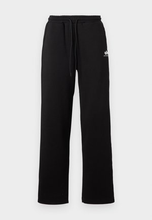 Sorte lige sweatpants med elastisk talje og snørre, med et lille hvidt logo på højre hofte.