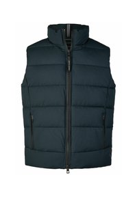 Gepolsterte Weste in Dunkelblau mit hohem Kragen und zentralem Reißverschluss. Seitentaschen mit Reißverschlüssen und eine gesteppte Struktur. Leichtes Design.