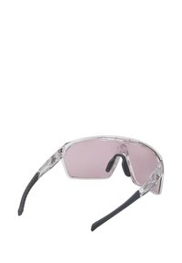 Occhiali da sole di sicurezza trasparenti con lenti rosa, un design avvolgente elegante e dettagli in gomma sulle aste per una presa salda e comfort.