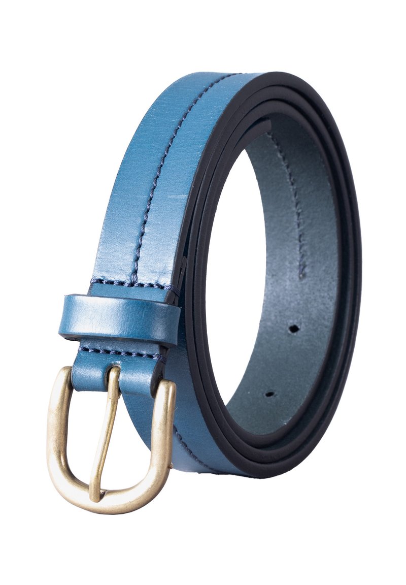 Blue leather belt with a smooth finish, featuring a black underside and a gold metal buckle. Stitched detailing adds visual interest.