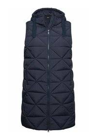 Gilet senza maniche trapuntato di colore blu navy con cappuccio, caratterizzato da cuciture diagonali, zip frontale e due tasche laterali. Tessuto liscio e leggero.