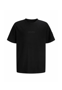 Czarny bawełniany T-shirt z okrągłym dekoltem, krótkimi rękawami i subtelnym wytłoczonym logo „JACK & JONES” z przodu. Prosty, jednolity design.