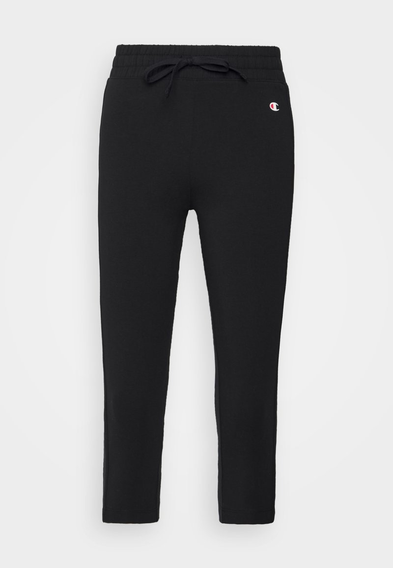Svarta slim-fit sweatpants med elastisk midja och dragsko, med liten Champion-logotyp på övre vänstra sidan.