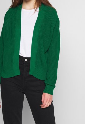 Frau trägt eine grüne, gestrickte offene Strickjacke über einem weißen T-Shirt und hoch taillierte schwarze Hose vor einfachem Hintergrund.